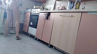 Hairy Brunette MILF Mirsur Cooking Naked - Big Ass & Tits in Kitchen Fingering