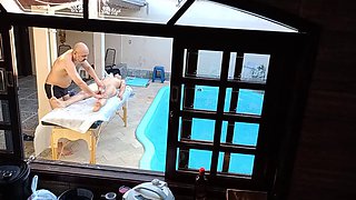 She went for a massage by the pool and ended up getting a handjob and a blowjob