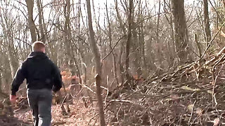 Mature blonde woman in fishnet fucked on the log