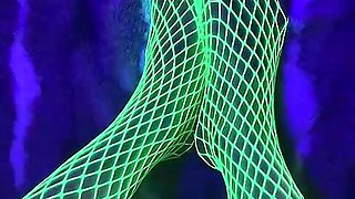 Tiny Asian Feet with long toes in green neon fishnet