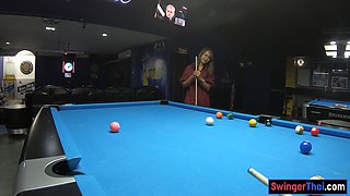 Curvy bottom Thai GF plays pool and blowjobs