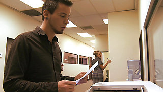 Blonde MILF huge tits gets hard pounding doggy style from young office guy