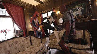 Ebony girl gets fucked by guys in deadpool and spiderman cosplays. Intense threesome!