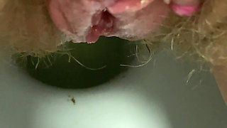 Hairy Pussy Pee and Accidentally Fart, Very Close up View 4K 60fps