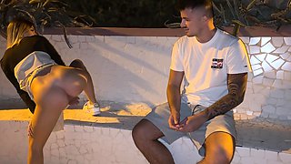 Outdoor public fuck with cute Blonde in skirt