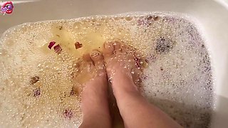Washing My Feet with Rose Petals and Herbs After a Hard Day of Work