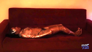 Mummifying Luana with Plastic Wrap and Foot Domination!