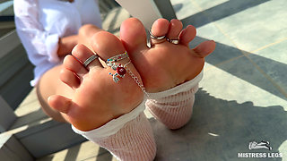 White Toes in Nylon White Gaiters Tease You on the Summer Balcony