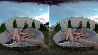 Brunette Skinny Girl Fingering Pussy Outdoor In Her Backyard Public Masturbation In Nature - VRStars