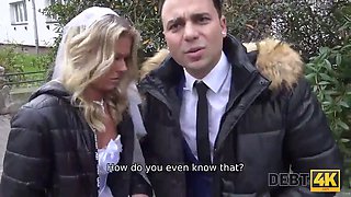 Debt4k. bitchy teenager wifey cheats on husband for cash in front of him