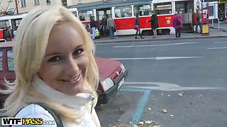 Blonde girl gives blowjob in the park