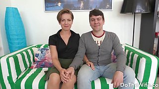 Blonde Ukrainian wife Sasha Zima dominates her cuckold hubby with her small tits and mouth