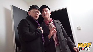 Faux hostel - luxurious natural babe takes on 2 Big Cocks for the first time
