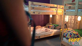 Faux hostel (total scene) 18yr older college teens on excursion with schoolteacher learn how to be submissive