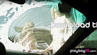 Naked cougar and teenagers waxing a Ferrari