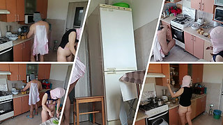 Amateur couple having fun in the kitchen. A sexy hairy brunette does the housework naked.