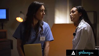Girlsway - medic Vicki Chase knows how to keep nurse Sinn Sage's mouth active from saying secrets