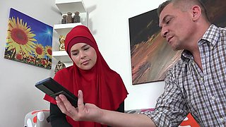 Sexy bitch in red hijab really loves hard cocks