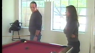 Hot small titted Asian lies on pool table so toned dude can fuck her hairy bush