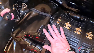 Slave slut-orgasma Celeste bound in black latex and leather pushed to a orgasm