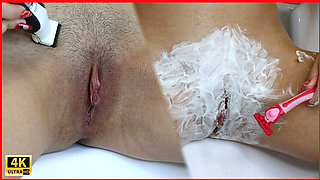 Amelia Queen Shaves Her Hairy Teen Pussy Close Up! 4K Shaving & Trimming in Bathroom