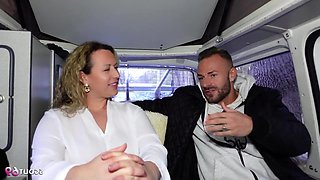 A mature German woman named Kathy, blessed with ample natural breasts, is selected for a van casting session involving sexual intercourse. - Big tits