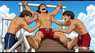 Roped To The Lifeguard Tower Rail - Bare Hands On His Soles And Armpits (2D Anime)