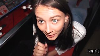 Blue eyed girl sucks off in a public restroom and I fuck her at the slot machines