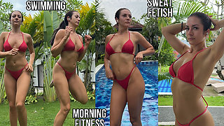 Morning Fitness in Hot Bikini, Sweating, Swimming