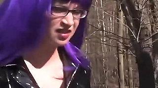 Purple-haired Dominatrix Whips Her Bound Slave Hard