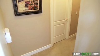 Adorable fit teeny bopper gags on a enormous white schlong