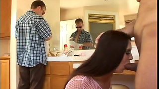 Brunette takes dude's cock uo her ass while sucking off two other dudes