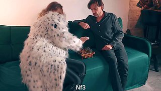Curvy MILF In Crochless Leggings and a Fur Coat Dominates a Naked Sissy With Amazon Ride & Milking