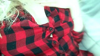 Blonde Teen in Plaid Shirt Plays with Herself
