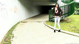 Brunette Flashing Her Titties And Pussy Outdoors In Public