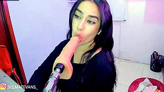 Brunette Sucks Big Pink Dildo Machine