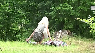 Blonde Masturbates Hard with Purple Dildo Outdoors