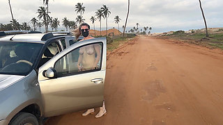 Naked Busty Blonde Walks by Car on Public Road