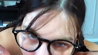 Real Hot Young Wife, Glasses, Pigtails and a Hot Blowjob