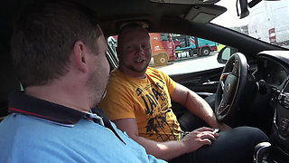 Blonde sucks two cocks then gets fucked to cumshot in the bushes