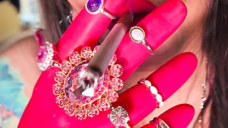 All In Pink! The Fabulous Smoker Tina Snua Wears Pink Latex Gloves & Rings & Smokes A cigarette For You