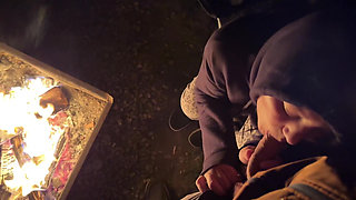 Wife Caught Masturbating in Public Restroom, Then Fucked by the Campfire