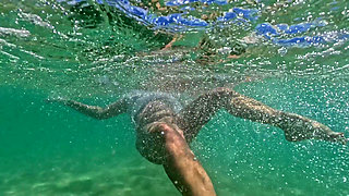 MILF Underwater in Sheer White T-shirt No Panties, Bare Pussy & Ass Close-ups