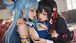 SFW Aqua and yunyun From konosuba soft show touching and kissing lesbian