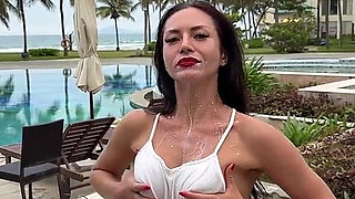 Milking & Getting Messy in See-through Bodysuit Outdoor
