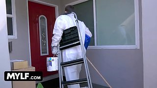 Mylf - ebony cougar Misty Stone juggles her juicy black pussy on large milky dong and swallows huge sperm