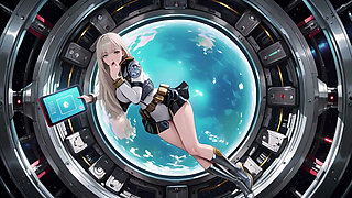 Private moments inside the futuristic spaceship where her white uniform is stretched to perfection.