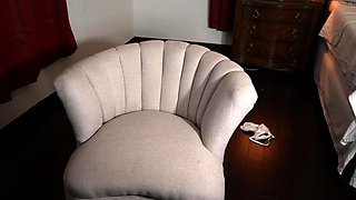 Busty curly brunette with big boobs fucks on couch