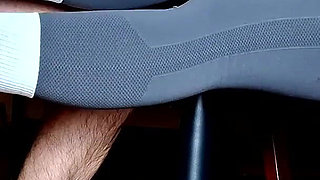 Sockjob Under the Table with Huge Cum in Panties