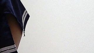 Busty Tanned Japanese Surfer Girl in Braless Student Uniform, Mini Skirt, Wedgie Thong Panties, Socks, Sexy Apartment Cleaning